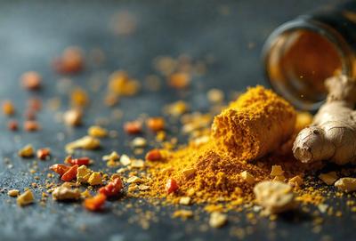 The primary subject of the image is a spice, specifically a yellow spice, which is spread out on a black surface. The setting is a table, and the visual style appears to be a close-up of the spice. The colors in the image are predominantly black and yellow, creating a bold and vibrant atmosphere.