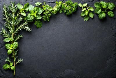 The primary subject of the image is a close-up of a variety of herbs and plants, including mint, parsley, and cilantro, arranged on a black surface. The setting is a black background, which provides a contrasting and dramatic effect. The visual style is a close-up of the herbs and plants, showcasing their details and textures. The colors and mood of the image are predominantly dark, with the herbs and plants providing a touch of greenery and freshness.