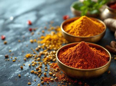 The primary subject of the image is a bowl filled with a spice, likely cinnamon, with a few seeds on top. The bowl is placed on a table, which serves as the setting. The visual style of the image is a close-up of the bowl, showcasing the spice and seeds. The dominant colors in the image are orange and brown, giving the scene a warm and inviting atmosphere.