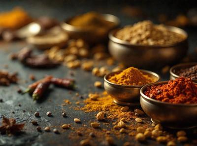 The primary subject of the image is a table filled with various bowls containing different spices and seasonings. The table is set on a dark surface, which contrasts with the vibrant colors of the spices. The spices are scattered across the table, with some bowls placed closer to the front and others further back. The visual style of the image is a close-up of the table, showcasing the details of the spices and the table's surface. The colors and mood of the image are rich and