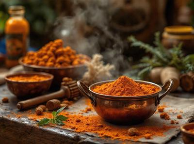 The primary subject of the image is a bowl filled with orange spices, likely cinnamon, sitting on a table. The setting is a kitchen, with a dining table visible in the background. The visual style is a photo, capturing the details of the spices and the table. The colors and mood of the image are warm and inviting, with the orange spices creating a sense of comfort and familiarity.