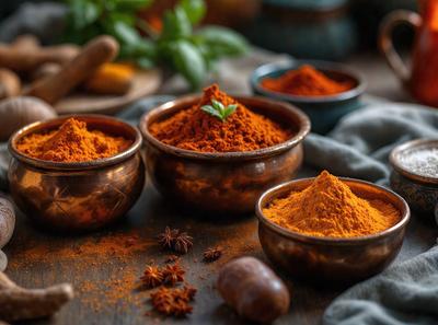 The primary subject of the image is a wooden table with three bowls containing spices. The setting is a kitchen, and the visual style is a photo. The colors and mood of the image are warm and inviting, with the spices adding a sense of freshness and vibrancy to the scene.