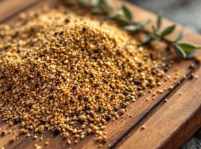The primary subject of the image is a wooden cutting board with a pile of ground coffee beans on it. The beans are brown and scattered across the cutting board, creating a visually appealing scene. The setting is a kitchen, with the cutting board placed on a countertop. The visual style of the image is a close-up of the coffee beans, showcasing their texture and details. The colors and mood of the image are warm and inviting, as the coffee beans are a common ingredient in