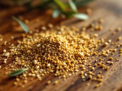 The primary subject of the image is a pile of ground nuts, which are spread out on a wooden table. The setting is a wooden table, and the visual style is a photo. The colors and mood of the image are warm and earthy, with the nuts being the main focus of the scene.