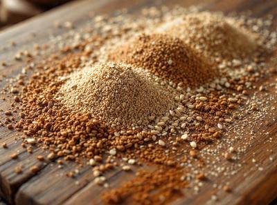 The primary subject of the image is a pile of brown grains, which are likely seeds or nuts. The setting is a wooden table, and the visual style appears to be a close-up of the grains. The colors and mood of the image are warm and earthy, with the brown grains being the main focus.