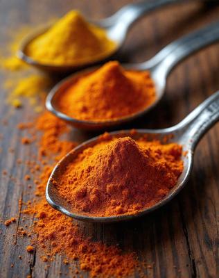 The primary subject of the image is a spoon filled with orange spices, placed on a wooden table. The setting is a wooden table, and the visual style is a photo. The dominant colors are orange and brown, creating a warm and inviting atmosphere.