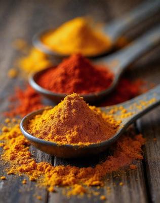 The primary subject of the image is a spoon filled with orange spices. The spoon is placed on a wooden table, which serves as the setting. The visual style of the image is a photo, capturing the details of the spoon and the spices. The dominant colors in the image are orange and brown, creating a warm and inviting atmosphere.