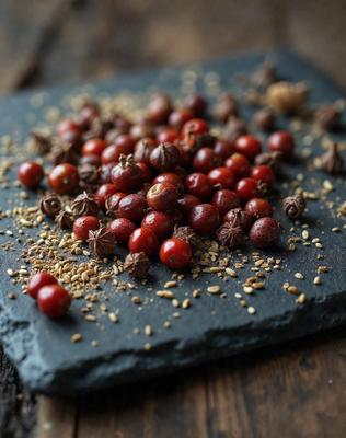 The primary subject of the image is a close-up of a black cutting board with a variety of red and orange berries and spices scattered on it. The berries are in different sizes and shapes, and they are mixed with spices, creating a visually appealing and colorful display. The setting is a wooden table, and the visual style is a close-up of the cutting board, showcasing the details of the berries and spices. The colors and mood of the image are vibrant and inviting