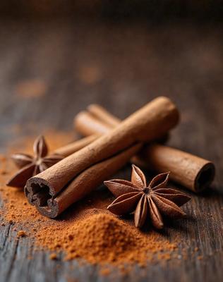 The primary subject of the image is a pile of cinnamon sticks. The setting is a wooden table, and the visual style is a close-up of the cinnamon sticks. The colors and mood of the image are warm and inviting, with the cinnamon sticks being the main focus.
