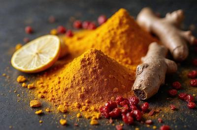 The primary subject of the image is a pile of spices, including cinnamon and ginger, with a lemon wedge on top. The setting is a table, and the visual style is a close-up of the spices. The colors and mood of the image are warm and inviting, with the spices and lemon wedge creating a sense of freshness and natural flavors.
