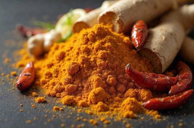 The primary subject of the image is a pile of orange spices, including cinnamon and paprika, sitting on a black surface. The setting is a table, and the visual style is a close-up of the spices. The colors and mood of the image are warm and inviting, with the orange spices creating a vibrant and appetizing display.