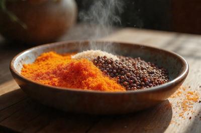 The primary subject of the image is a bowl filled with various spices, including red pepper and other seasonings. The bowl is placed on a wooden table, which serves as the setting for the scene. The visual style of the image is a close-up of the bowl, showcasing the spices and their colors. The dominant colors in the image are red, orange, and brown, creating a warm and inviting atmosphere.