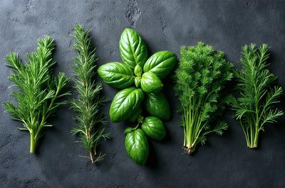 The image features a table with five different types of herbs, each with a distinct green color. The herbs are arranged in a row, with each one placed next to the others. The table appears to be a black surface, which contrasts with the vibrant green hues of the herbs. The arrangement of the herbs creates a visually appealing and organized display.