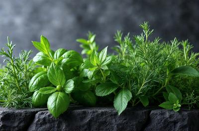 The primary subject of the image is a variety of fresh herbs, including mint, basil, and parsley, displayed on a table. The herbs are arranged in a visually appealing manner, with some of them overlapping each other. The setting is a table, and the visual style is a close-up of the herbs, showcasing their vibrant colors and textures. The overall atmosphere is fresh and natural, as the herbs are commonly associated with healthy eating and natural remedies
