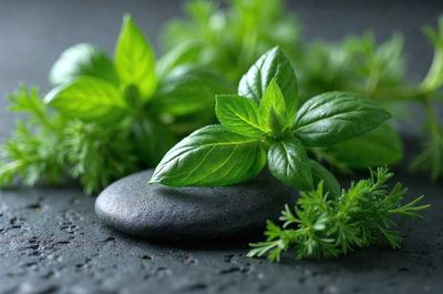 The primary subject of the image is a rock with green leaves and herbs growing on it. The setting is a black surface, possibly a table or countertop. The visual style is a close-up of the rock with the greenery, creating a natural and organic atmosphere. The colors are predominantly green, with the leaves and herbs being the main focus of the image.