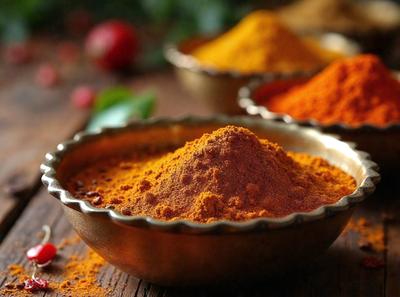 The primary subject of the image is a bowl filled with a spice, likely cinnamon, which is placed on a wooden table. The bowl is made of metal and is filled with the spice, creating a visually appealing and colorful display. The setting is a wooden table, and the visual style is a close-up of the bowl, showcasing the spice's texture and color. The overall atmosphere is warm and inviting, as the spice is often associated with comforting and del