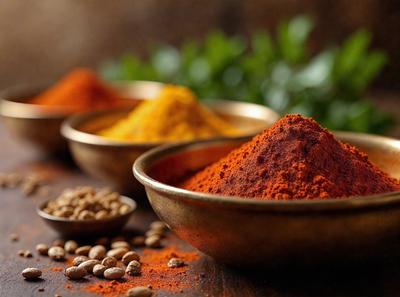 The primary subject of the image is a bowl filled with spices, with a close-up view of the spices. The setting is a wooden table, and the visual style is a photo. The dominant colors are orange and yellow, creating a warm and inviting atmosphere.