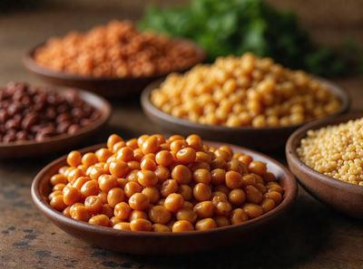 The image features a wooden table with four bowls filled with different types of beans. The bowls are placed in a way that they are stacked on top of each other, with the top bowl being the largest and the bottom bowl being the smallest. The beans in the bowls vary in size and color, creating a visually appealing display. The wooden table serves as the primary subject, setting the scene for the beans and the bowls.