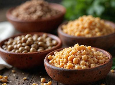 The image features a wooden table with four bowls containing different types of food. The bowls are filled with various grains, such as beans and rice, and are placed in different positions on the table. The wooden table serves as the primary subject, setting the scene for the food items displayed in the bowls. The visual style of the image is a close-up of the bowls, showcasing the details of the food and the wooden table. The colors and mood of the image are warm and inviting, with the