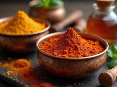 The primary subject of the image is a bowl filled with a spice, likely cinnamon, as it is described as a cinnamon bowl. The bowl is placed on a table, and there are other bowls and jars nearby, possibly containing different spices or ingredients. The setting appears to be a kitchen or a similar environment where spices and ingredients are commonly used. The visual style of the image is a close-up of the bowl, showcasing the spice inside