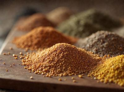 The primary subject of the image is a wooden table with a variety of spices and grains on it. The table is covered with a mix of different colored spices, creating a visually appealing and diverse display. The setting is a kitchen or dining area, with the table being the central focus of the scene. The visual style of the image is a close-up of the spices, showcasing their textures and colors. The overall atmosphere is warm and inviting, with the spices and grains suggesting a sense