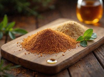 The primary subject of the image is a wooden cutting board with a pile of brown spices on it. The spices are scattered across the cutting board, creating a visually appealing and appetizing scene. The setting is a kitchen, with a bottle of honey visible in the background. The visual style of the image is a close-up of the cutting board, showcasing the spices and their textures. The colors and mood of the image are warm and inviting, with the brown spices and h