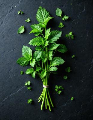 The primary subject of the image is a bunch of fresh green herbs, including mint and parsley, arranged in a vase. The herbs are placed on a black surface, which serves as the setting or background. The visual style of the image is a close-up of the herbs, showcasing their freshness and vibrant colors. The overall atmosphere of the image is natural and inviting, with the herbs being a symbol of health and well-being.