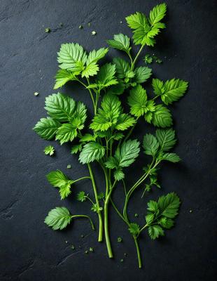 The primary subject of the image is a bunch of green herbs, possibly parsley, arranged on a black surface. The herbs are placed in a way that they appear to be growing out of the surface. The setting is a black background, which provides a contrasting and dramatic effect. The visual style of the image is a close-up of the herbs, showcasing their details and texture. The colors and mood of the image are predominantly dark, with the green herbs being the main focal point