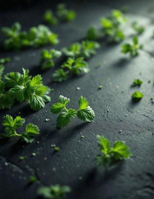The primary subject of the image is a close-up of a green plant with small leaves. The plant is placed on a black surface, which creates a striking contrast with the green color of the plant. The setting appears to be a dark room, and the visual style is a close-up of the plant, emphasizing its details. The colors and mood of the image are predominantly dark, with the green plant being the main source of light and vibrancy.