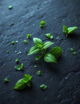 The primary subject of the image is a green plant with leaves and stems, which is placed on a black surface. The setting appears to be a dark room, and the visual style is a close-up of the plant. The dominant colors are green and black, creating a moody atmosphere.