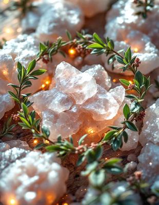 The primary subject of the image is a beautiful arrangement of pink and white rocks, which are placed on a wooden surface. The rocks are adorned with a greenery wreath, adding a touch of natural beauty to the scene. The setting appears to be a cozy and inviting space, perfect for relaxation and contemplation. The visual style of the image is a combination of natural elements and a touch of artistic flair, creating a harmonious and visually appealing composition. The colors and mood of