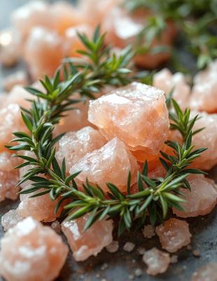 The primary subject of the image is a close-up of a small pile of pink rocks, which are likely salt crystals. The rocks are arranged in a circular pattern, and they are accompanied by a sprig of rosemary. The setting is a table, and the visual style is a close-up, which emphasizes the details of the rocks and the rosemary. The colors in the image are predominantly pink and green, giving the scene a natural and calming atmosphere.