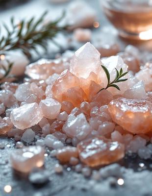 The primary subject of the image is a pile of pink rocks, which are scattered on a table. The setting is indoors, with a potted plant nearby. The visual style is a close-up of the rocks, and the colors are predominantly pink, giving the scene a warm and inviting atmosphere.