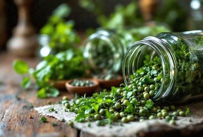 The primary subject of the image is a close-up of a bunch of green herbs, possibly parsley, in a glass jar. The herbs are placed on a wooden table, and the jar is filled with the herbs. The setting is a kitchen or a similar environment, and the visual style is a close-up of the herbs in the jar. The colors are predominantly green, and the overall atmosphere is fresh and natural.