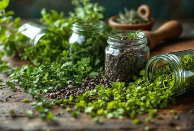 The primary subject of the image is a wooden table with various herbs and spices on it. The table is set with two jars of herbs, one on the left side and the other on the right side. The herbs are spread out on the table, with some of them placed in the jars. The setting is a wooden table, and the visual style is a close-up of the herbs and jars. The colors and mood of the image are natural and earthy, with the herbs and spices