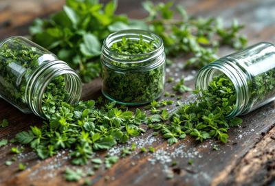 The primary subject of the image is a close-up of fresh mint leaves. The leaves are green and appear to be freshly picked. The setting is a wooden table, and the visual style is a close-up of the mint leaves. The dominant colors are green, and the overall atmosphere is fresh and natural.