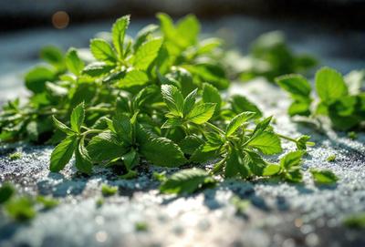 The primary subject of the image is a close-up of green mint leaves. The leaves are arranged in a pattern, creating a visually appealing scene. The setting is a table, and the visual style is a photo. The dominant colors are green and white, giving the image a fresh and natural atmosphere.