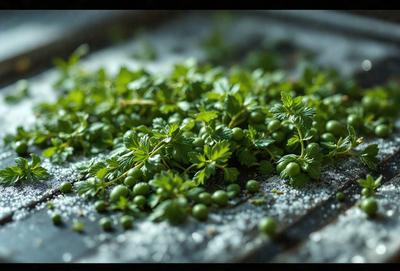 The primary subject of the image is a close-up of a pile of green leaves, possibly including herbs or other plants. The leaves are spread out on a surface, which could be a table or a counter. The setting appears to be indoors, with a focus on the greenery. The visual style of the image is a close-up, which emphasizes the details of the leaves. The colors in the image are predominantly green, which gives the scene a fresh and natural atmosphere.