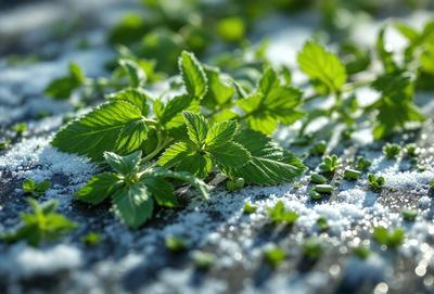 The primary subject of the image is a close-up of a plant with green leaves and minty-looking foliage. The plant is placed on a surface that appears to be a combination of a black and white background, with a touch of green. The visual style of the image is a mix of photo and digital art, creating a unique and artistic representation of the plant. The colors and mood of the image are predominantly green, with a hint of white, giving it a fresh and natural feel.