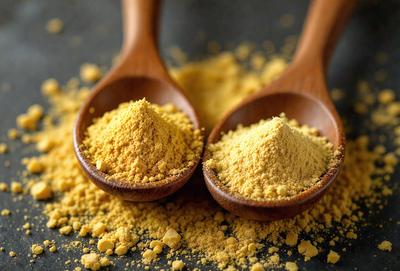 The primary subject of the image is two wooden spoons filled with a yellow substance, likely flour or a similar powder. The spoons are placed on a black surface, which serves as the setting or background. The visual style of the image is a close-up of the two wooden spoons, showcasing the yellow substance inside. The colors and mood of the image are predominantly black and yellow, creating a contrasting and vibrant atmosphere.