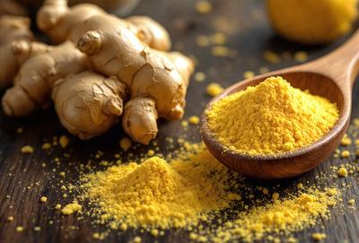The primary subject of the image is a bowl filled with yellow spices, possibly ginger or turmeric. The bowl is placed on a wooden table, which serves as the setting. The visual style of the image is a close-up of the spices, showcasing their vibrant color and texture. The dominant colors in the image are yellow and brown, creating a warm and inviting atmosphere.
