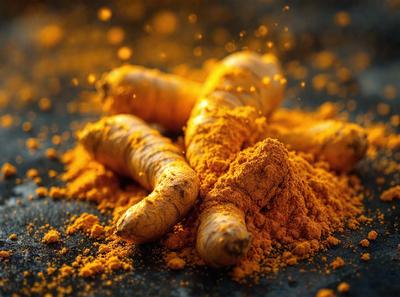 The primary subject of the image is a pile of orange and yellow ginger root. The setting is a table, and the visual style is a close-up of the ginger root. The colors and mood of the image are warm and vibrant, with the ginger root appearing fresh and inviting.