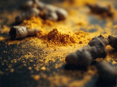The primary subject of the image is a pile of yellow spices, possibly mustard seeds, scattered on a black surface. The setting appears to be a table or countertop, with the spices being the main focus of the scene. The visual style of the image is a close-up of the spices, showcasing their texture and color. The dominant colors in the image are yellow and black, creating a warm and contrasting atmosphere.