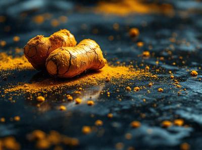 The primary subject of the image is two pieces of food, possibly nuts or seeds, with a yellowish color. They are placed on a black surface, which could be a table or a counter. The visual style of the image is a close-up, focusing on the details of the food items. The colors and mood of the image are predominantly dark, with the yellowish color of the food being the main focal point.