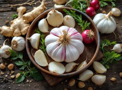 The primary subject of the image is a bowl filled with various vegetables, including onions, garlic, and red onions. The bowl is placed on a wooden table, which serves as the setting for the scene. The visual style of the image is a close-up of the bowl, showcasing the different vegetables. The colors in the image are predominantly earthy tones, such as brown, red, and green, creating a warm and natural atmosphere.