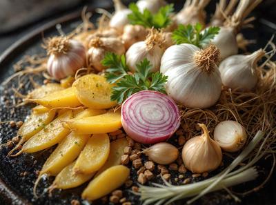 The primary subject of the image is a variety of vegetables, including onions, garlic, and potatoes, arranged on a table. The setting is a dining table, and the visual style is a close-up of the vegetables. The colors and mood of the image are predominantly earthy tones, giving it a natural and fresh appearance.