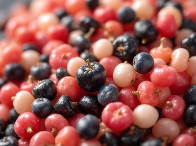 The primary subject of the image is a pile of red and blue berries, which are the main objects in the scene. The berries are displayed on a surface, possibly a table or a counter. The visual style of the image is a close-up of the berries, showcasing their vibrant colors and textures. The dominant colors in the image are red and blue, creating a lively and fresh atmosphere.