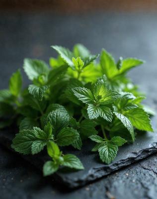 The primary subject of the image is a close-up of fresh mint leaves. The leaves are green and appear to be growing on a table. The setting is a black table, which provides a contrasting background for the vibrant green leaves. The visual style is a realistic, close-up photograph of the mint leaves. The colors and mood of the image are predominantly green, with a fresh and natural atmosphere.