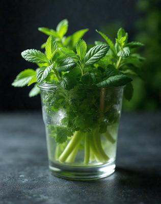 The primary subject of the image is a glass filled with fresh mint leaves and celery stalks. The glass is placed on a table, and the scene appears to be a close-up of the glass. The visual style of the image is a photo, and the dominant colors are green and white, giving the scene a fresh and natural atmosphere.