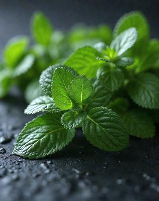 The primary subject of the image is a close-up of a green plant, possibly mint, with leaves and stems. The plant is placed on a black surface, which contrasts with the green color of the plant. The setting appears to be a dark room, with the plant being the main focus of the image. The visual style is a close-up, which emphasizes the details of the plant. The colors and mood of the image are predominantly dark, with the green plant being the only source of color and light.